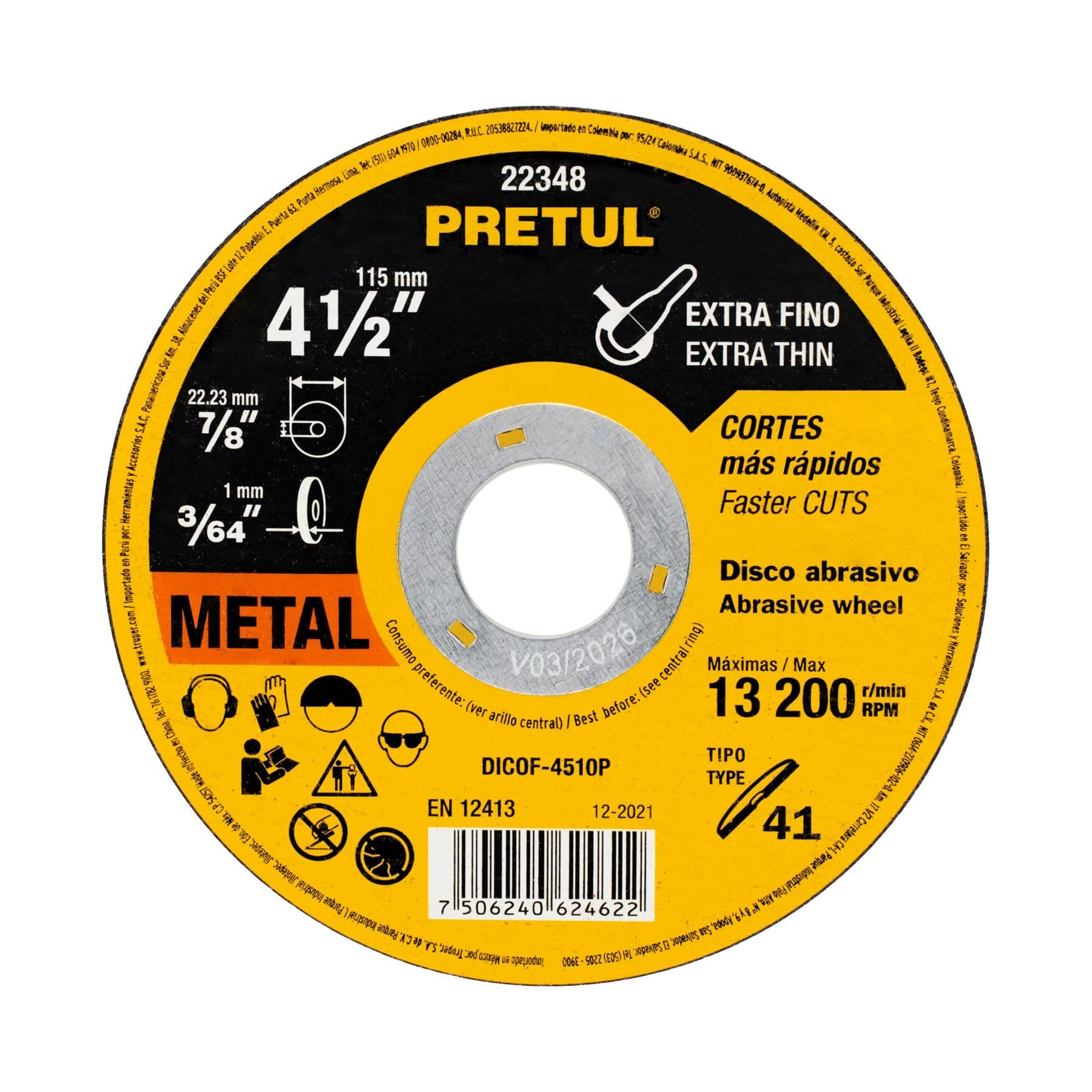 DISCO 'SABLE', ACERO INOX, TIPO 1, 4-1/2', 1.0 MM, — Pretul